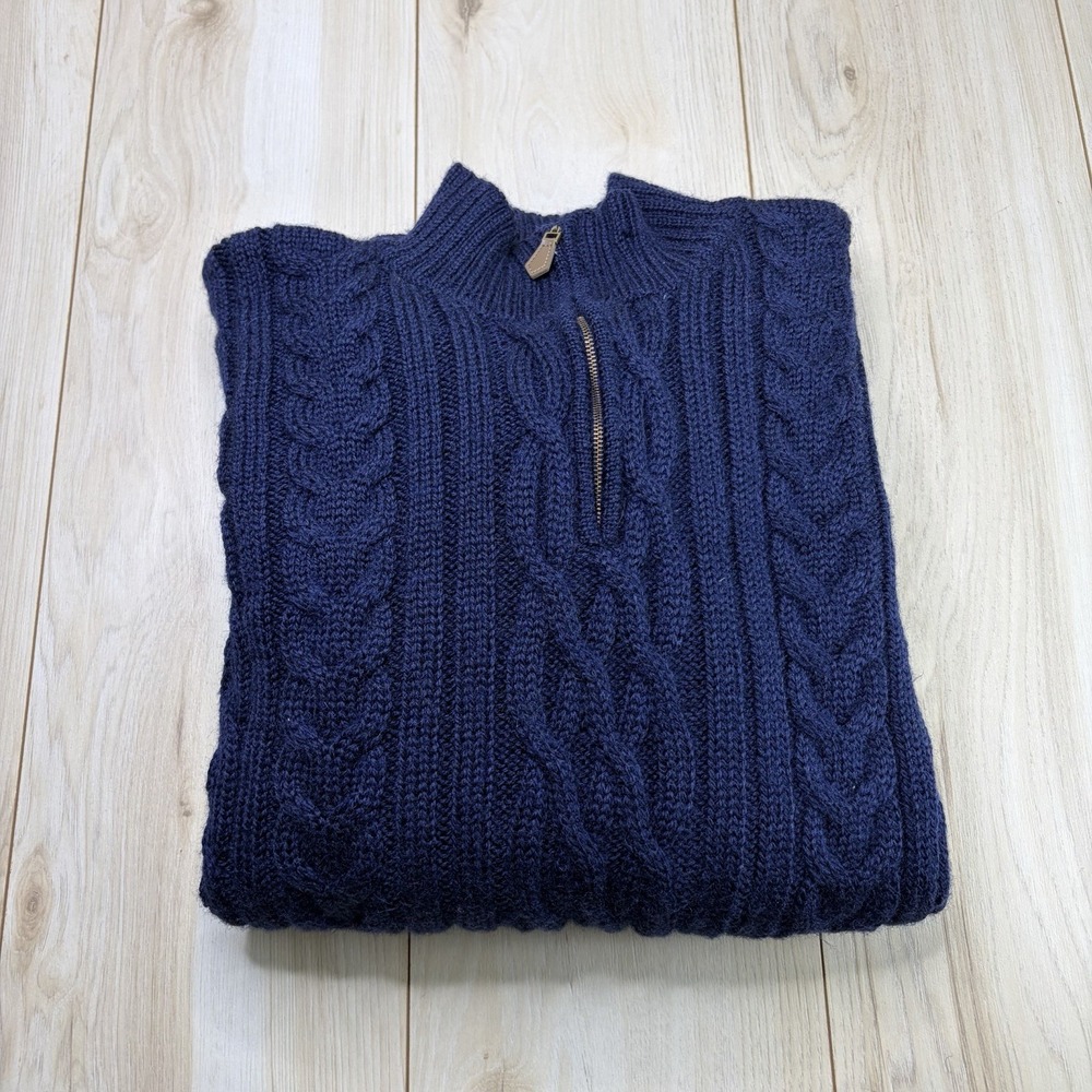 Woolovers Men's Quarter Zip Cable Knit Wool Sweater Navy Blue XXL Stretch